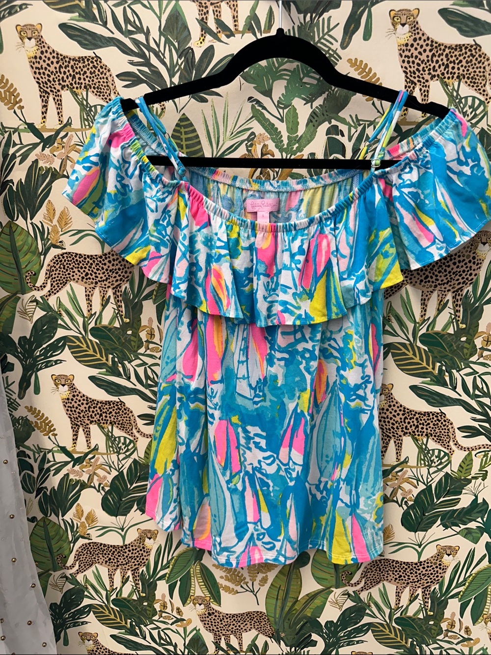 Lilly Pulitzer Off-Shoulder Blue Tropical Ruffle Women’s Top S